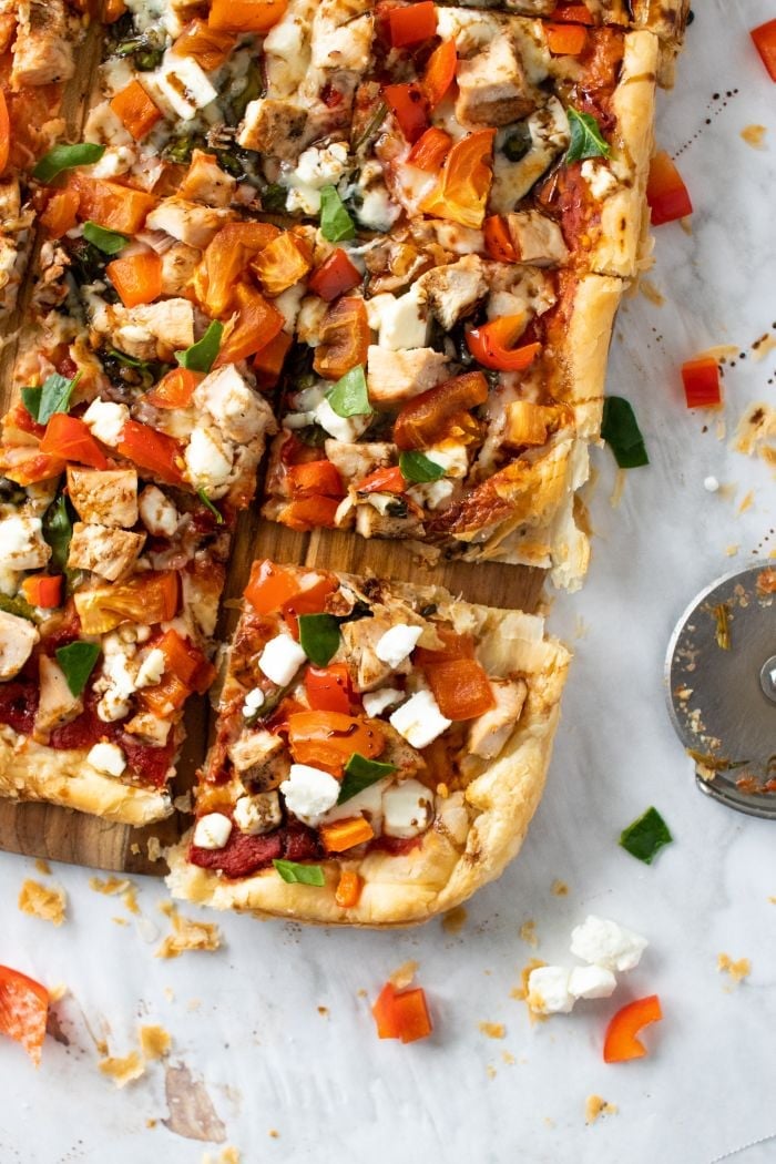 top down view of a sliced puff pastry pizza
